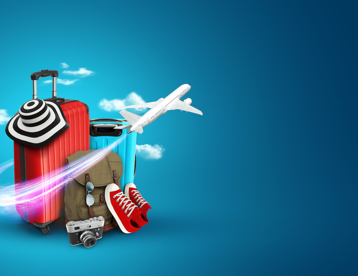 Creative background, red suitcase, sneakers, plane on a blue background.
