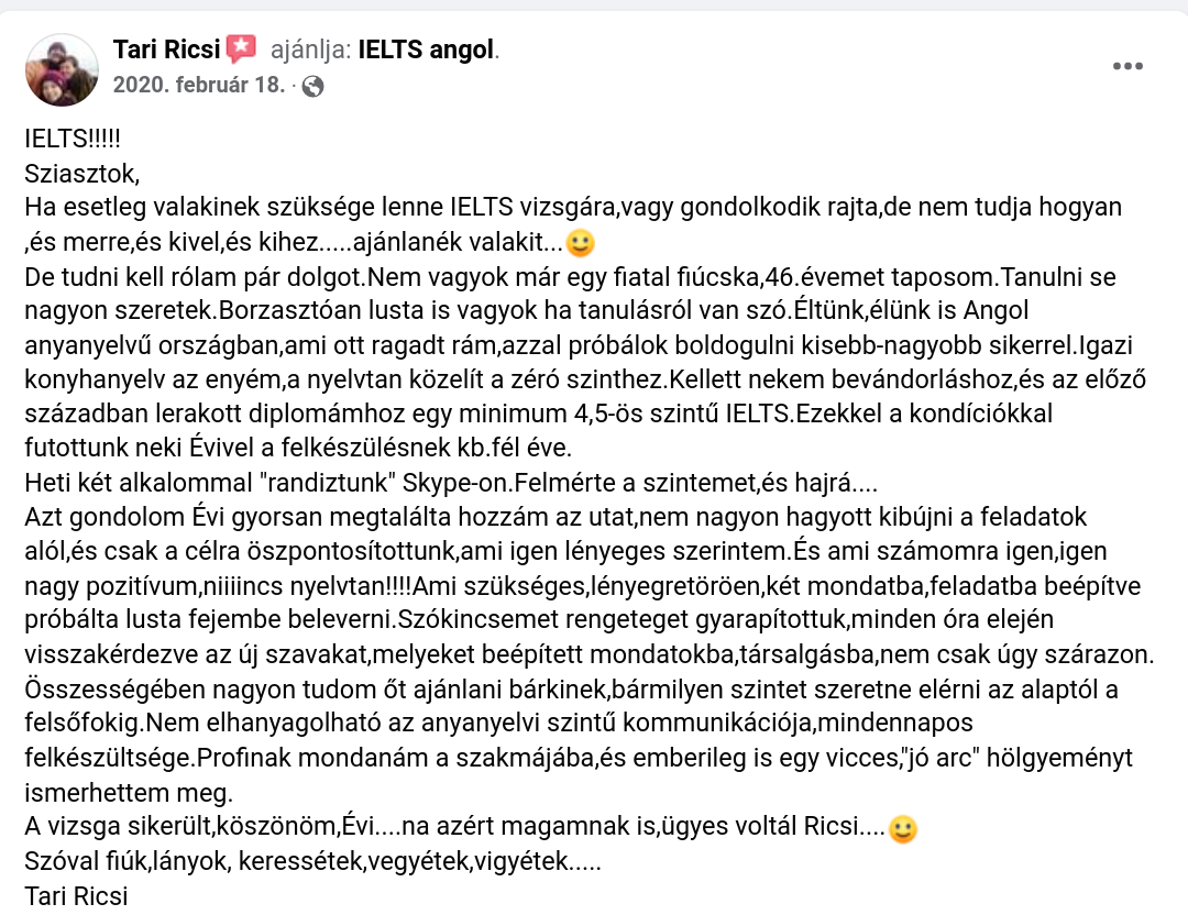 Tari Ricsi összesített IELTS nyelvvizsga eredménye 4,5. Felkészítő: Éva