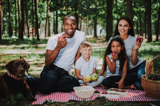 Young Parents Children and Dog Picnic in Park.