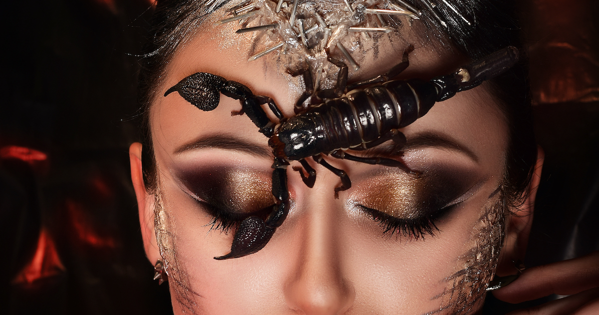 Beauty portrait of a girl with a live scorpion. Studio photography of a fashion portrait.