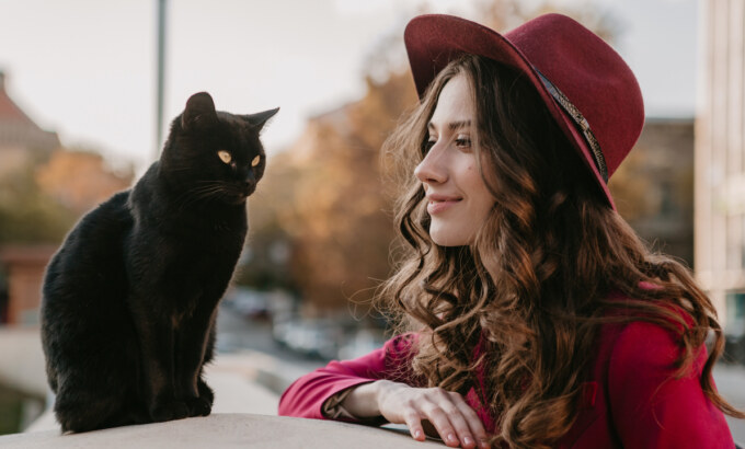 beautiful stylish woman in purple suit and hat walking in city street, spring summer autumn season fashion trend, black cat